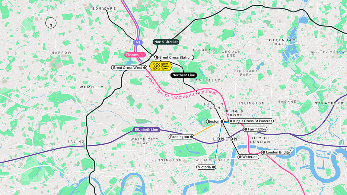 Map of North London with Brent Cross town marked on it